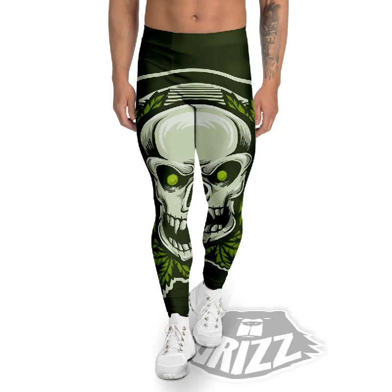 Skull Cannabis Print Men's Leggings