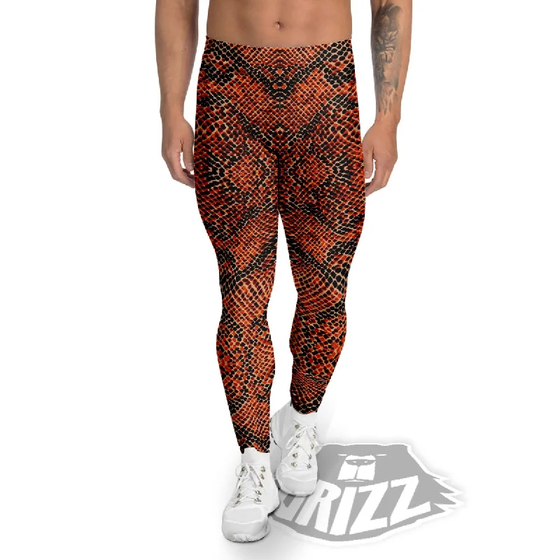 Savings Event Snake Orange Print Pattern Men's Leggings
