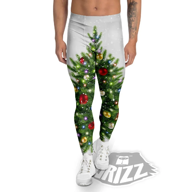 Snow And Christmas Tree Print Men's Leggings