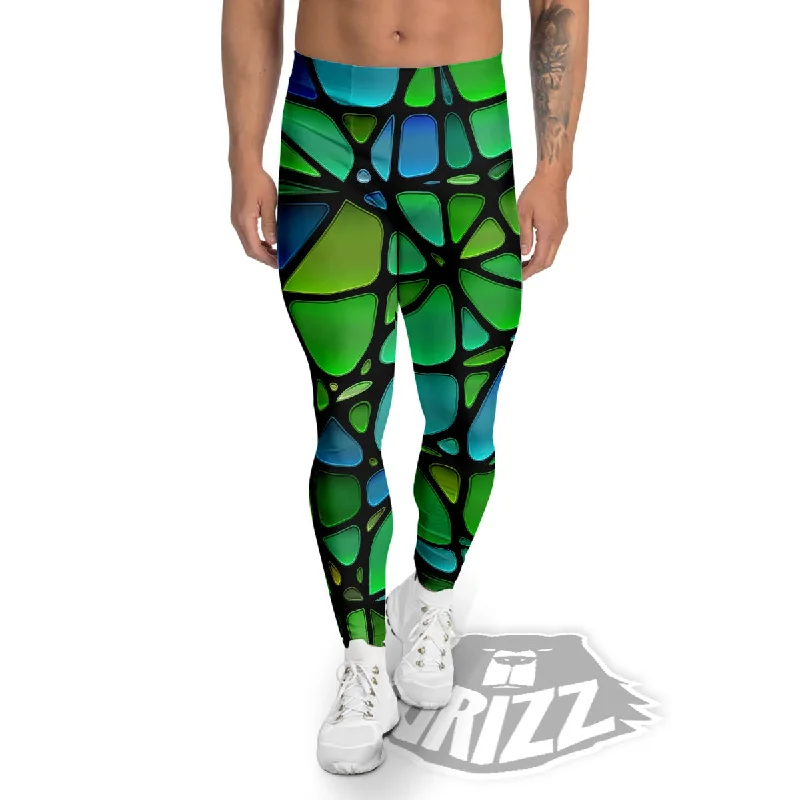 Stained Glass Green And Blue Print Men's Leggings