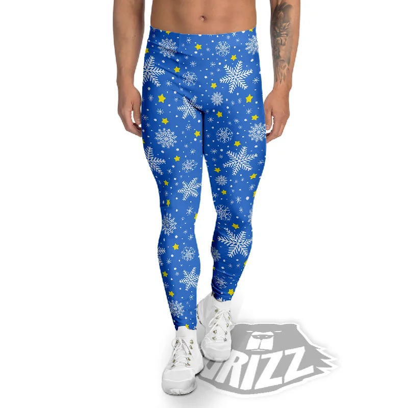 Stars And Christmas Snowflakes Print Men's Leggings