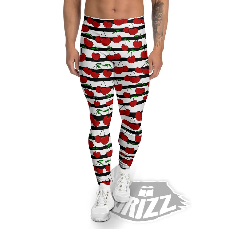 Striped Cherry Print Pattern Men's Leggings