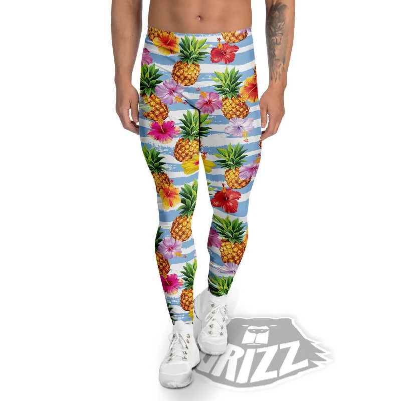 Lowest Price Striped Hibiscus And Pineapple Print Men's Leggings