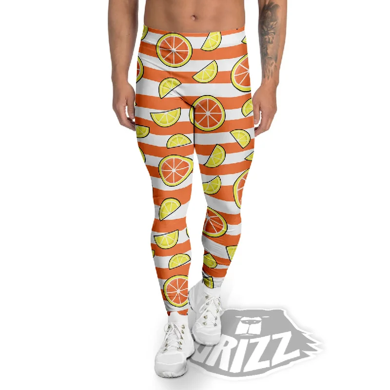 Instant Discount Striped Lemon And Orange Print Pattern Men's Leggings