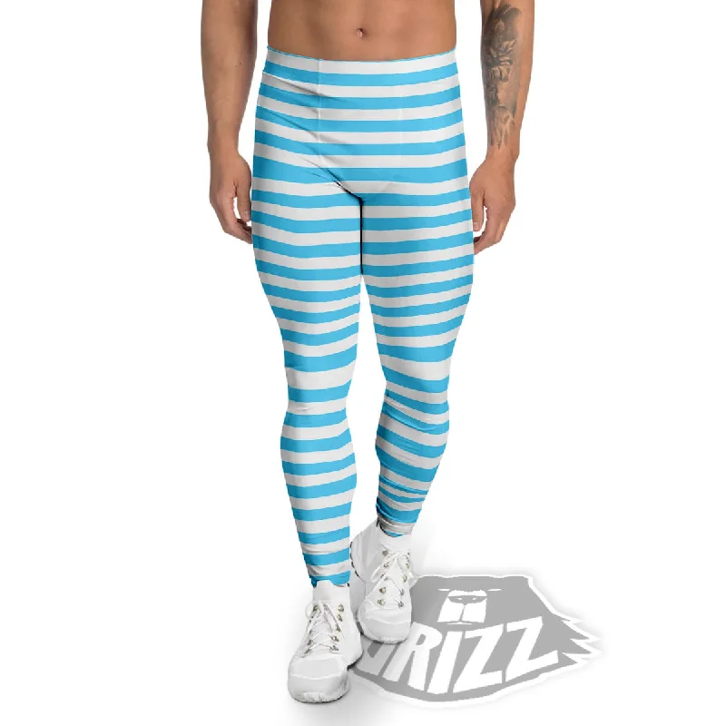 Striped White And Blue Print Pattern Men's Leggings