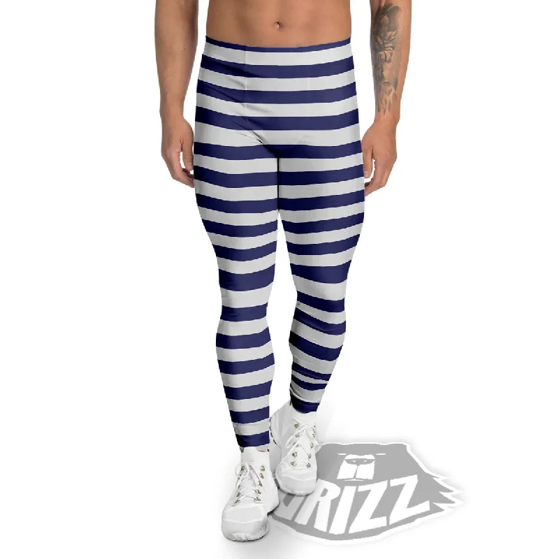 Big Discounts Striped White And Navy Print Pattern Men's Leggings