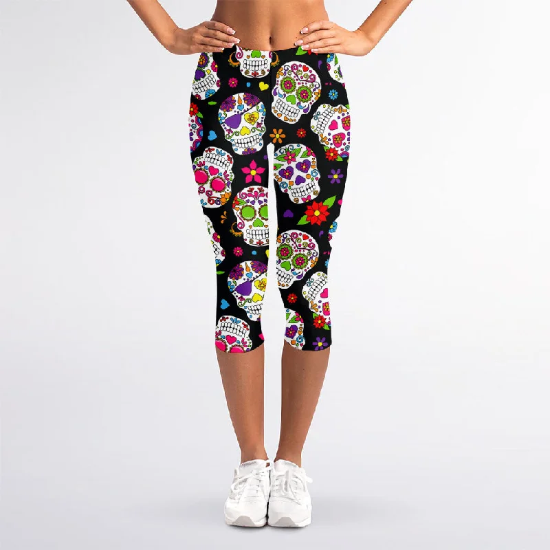 Seasonal Sale Sugar Skull Pattern Print Women's Capri Leggings