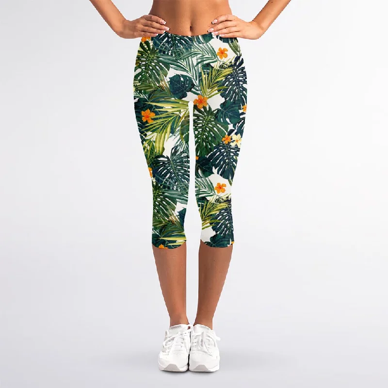 New Arrival Summer Hawaiian Leaves Pattern Print Women's Capri Leggings