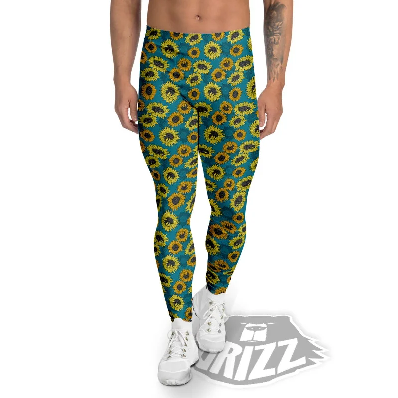 Sunflower Blue Vintage Print Pattern Men's Leggings