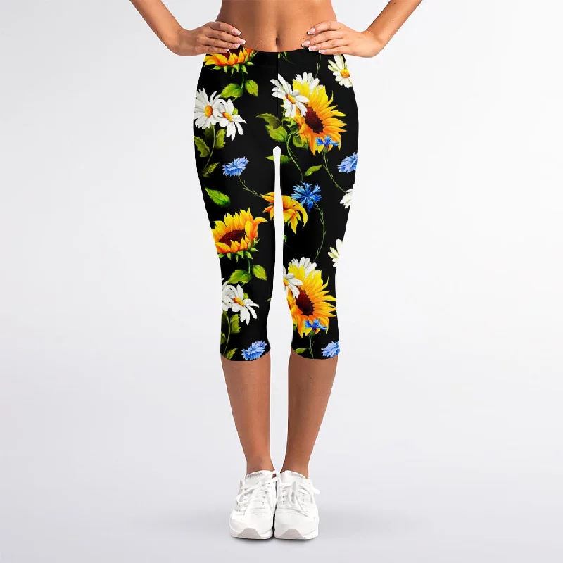 Today’s Deal Sunflower Chamomile Pattern Print Women's Capri Leggings