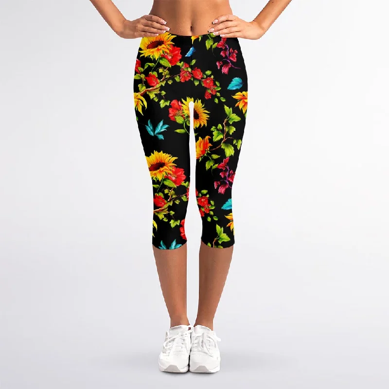 Take Advantage Sunflower Floral Pattern Print Women's Capri Leggings