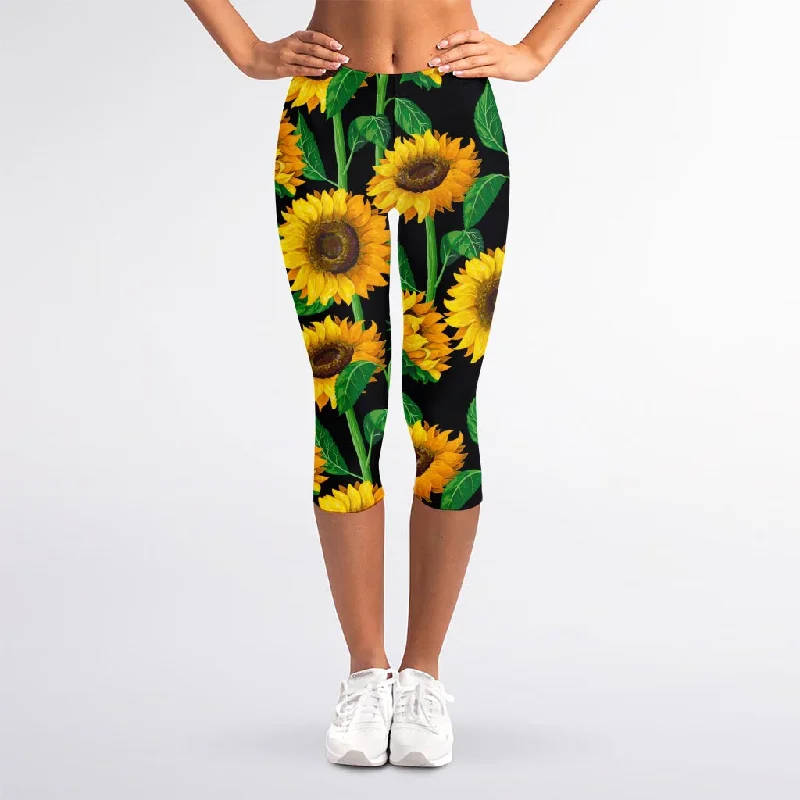 Super Bargain Sunflower Pattern Print Women's Capri Leggings