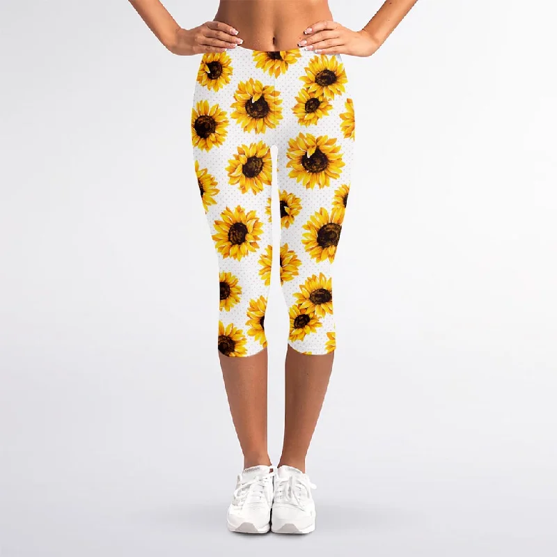 Special Price Sunflower Polka Dot Pattern Print Women's Capri Leggings