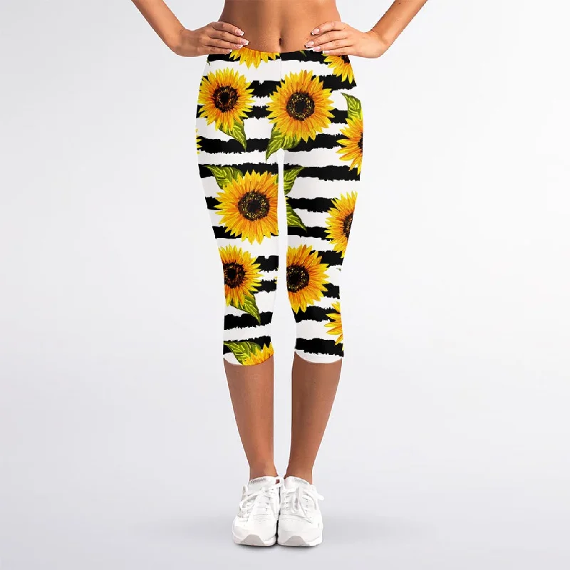 Quick Sale Sunflower Striped Pattern Print Women's Capri Leggings