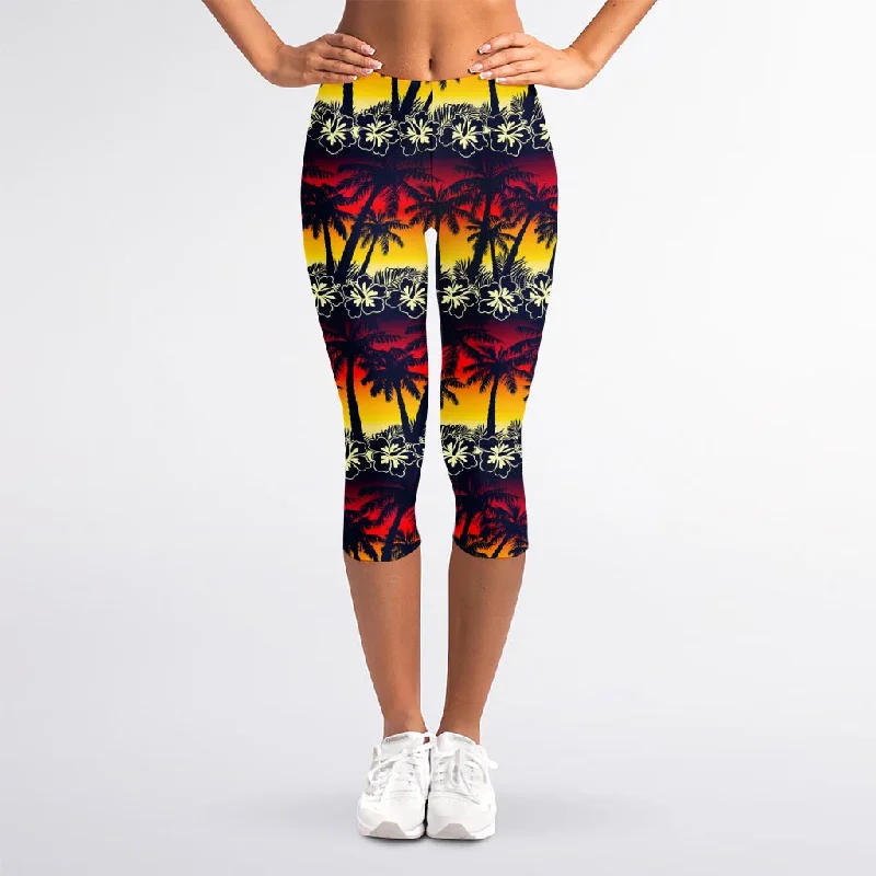 Price Cut Sunset Hibiscus Palm Tree Pattern Print Women's Capri Leggings