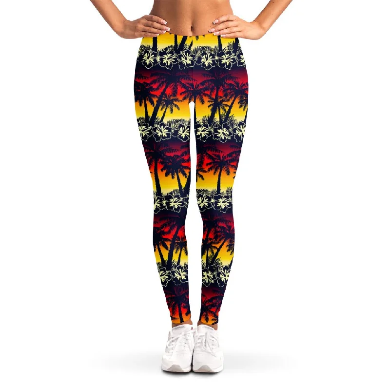 Steals and Deals Sunset Hibiscus Palm Tree Pattern Print Women's Leggings