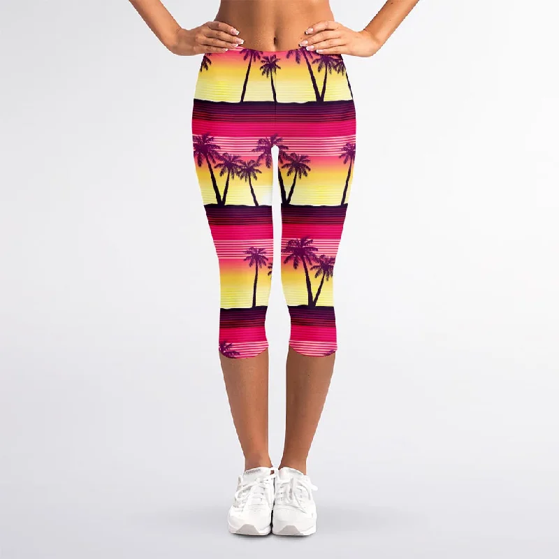Online Only Sunset Palm Tree Pattern Print Women's Capri Leggings