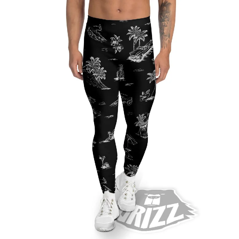 Surfing Black White Print Pattern Men's Leggings