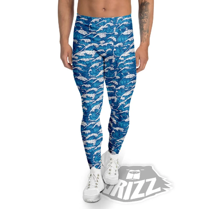 Surfing Wave Blue Print Pattern Men's Leggings