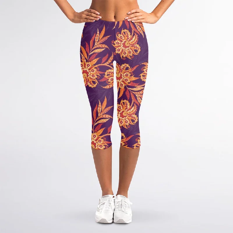 Major Savings Tangerine Floral Bohemian Pattern Print Women's Capri Leggings