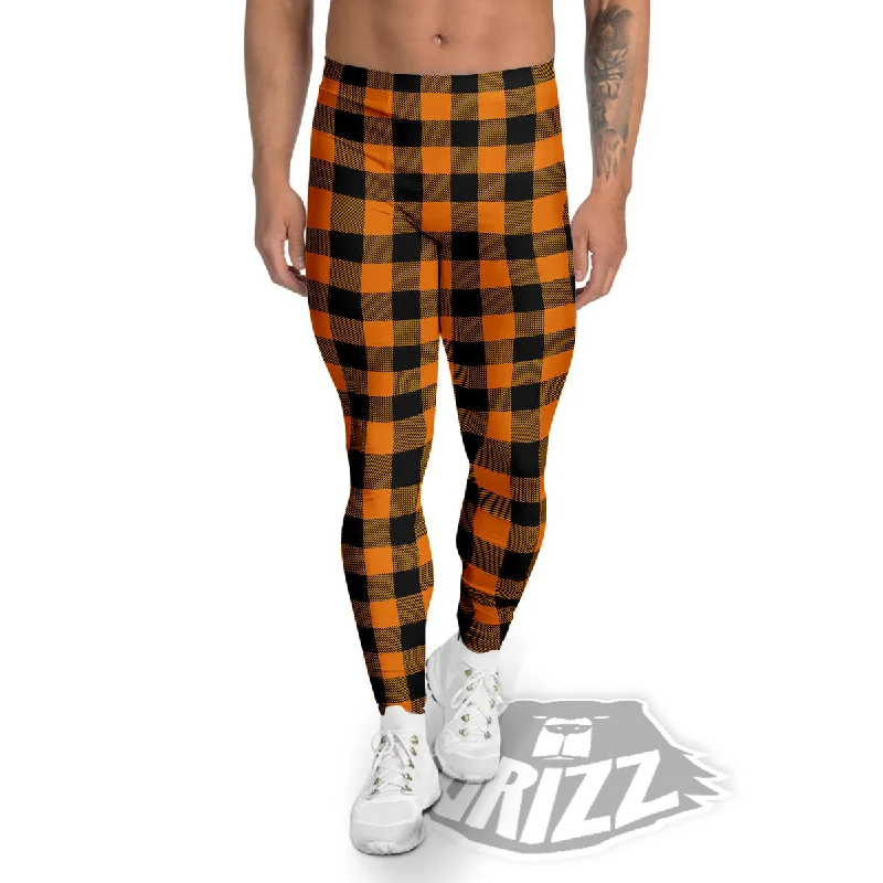 Now or Never Tartan Black And Orange Print Pattern Men's Leggings