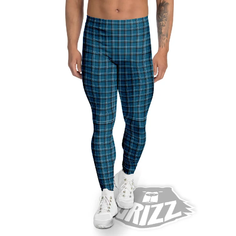 Tartan Blue And White Line Print Pattern Men's Leggings