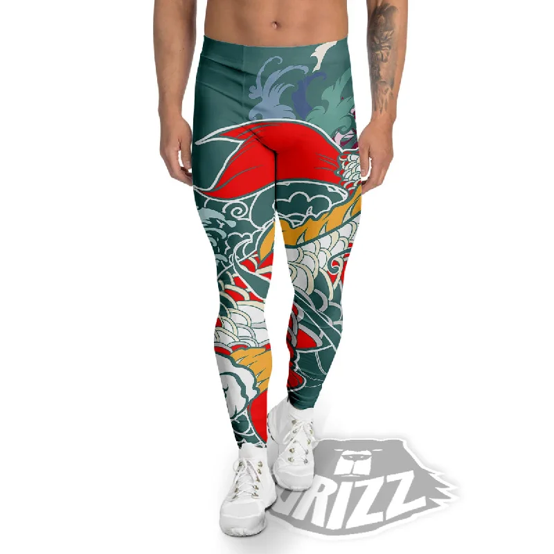 Act Fast Tattoo Japanese Koi And Flower Print Men's Leggings