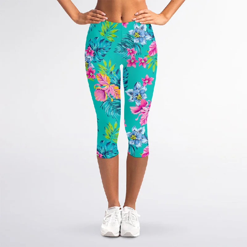 Limited Availability Teal Aloha Tropical Pattern Print Women's Capri Leggings