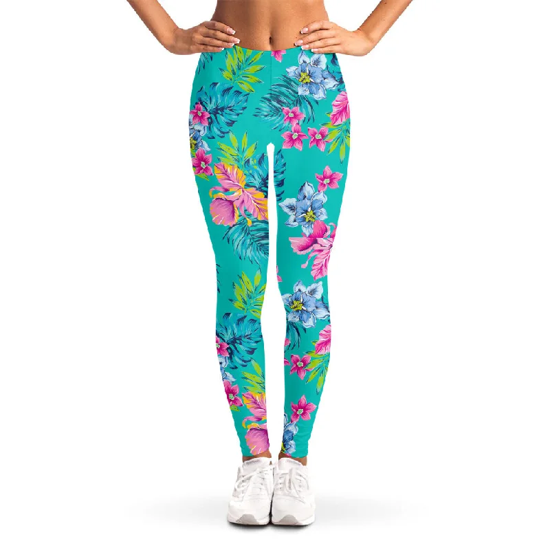 Overstock Teal Aloha Tropical Pattern Print Women's Leggings