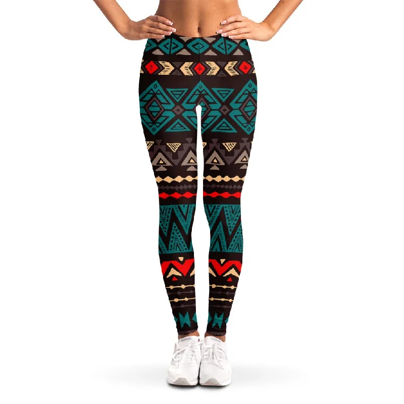 Deal Dash Teal And Brown Aztec Pattern Print Women's Leggings