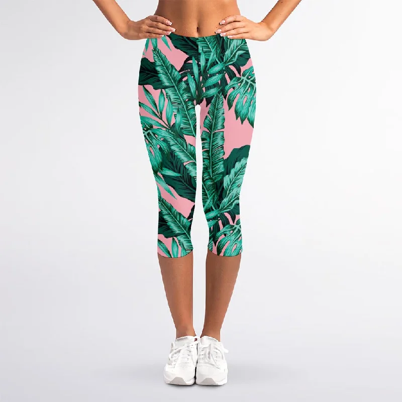 Huge Discounts Teal Banana Leaves Pattern Print Women's Capri Leggings