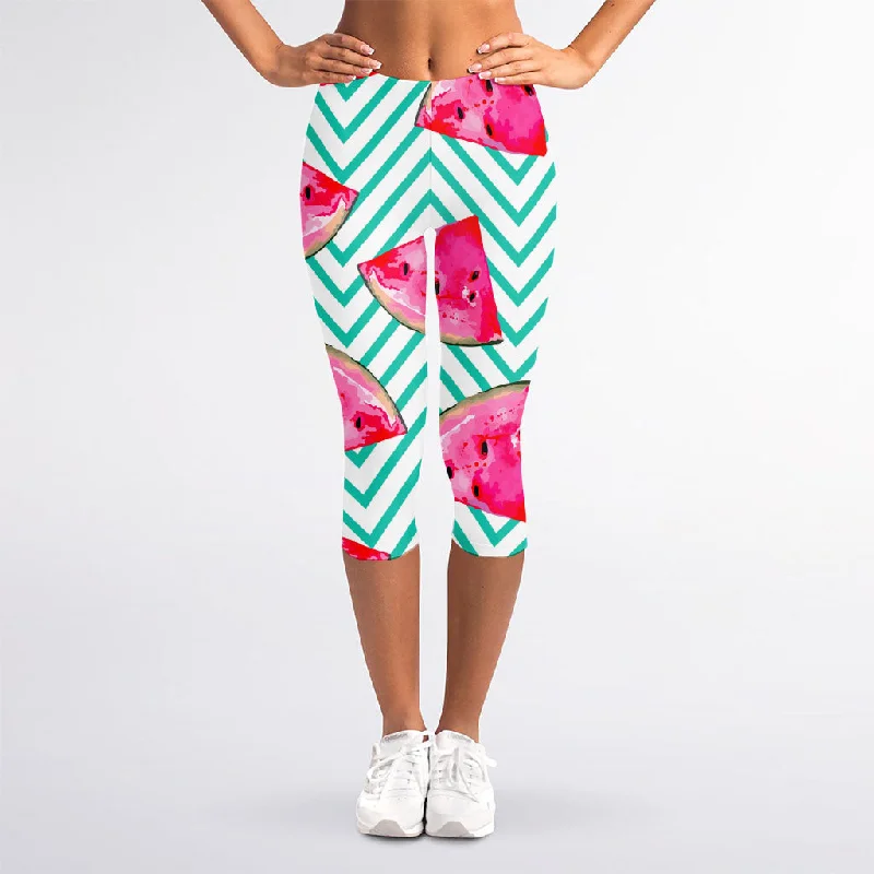 Exclusive Savings Teal Chevron Watermelon Pattern Print Women's Capri Leggings