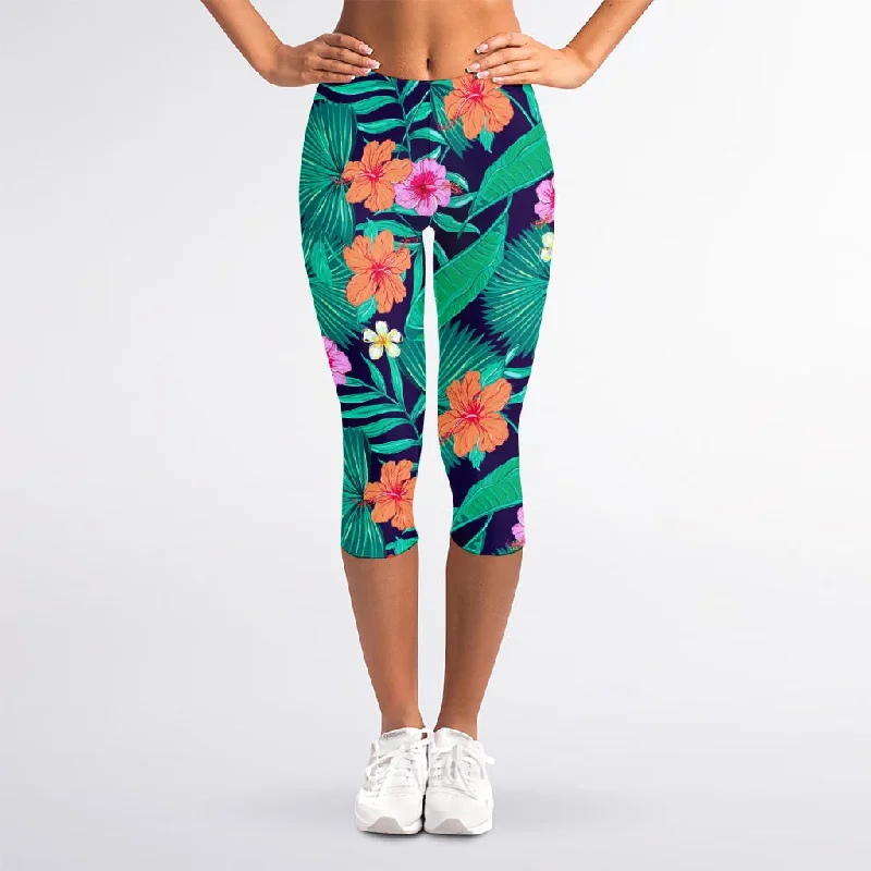 Early Access Teal Hawaiian Leaf Flower Pattern Print Women's Capri Leggings