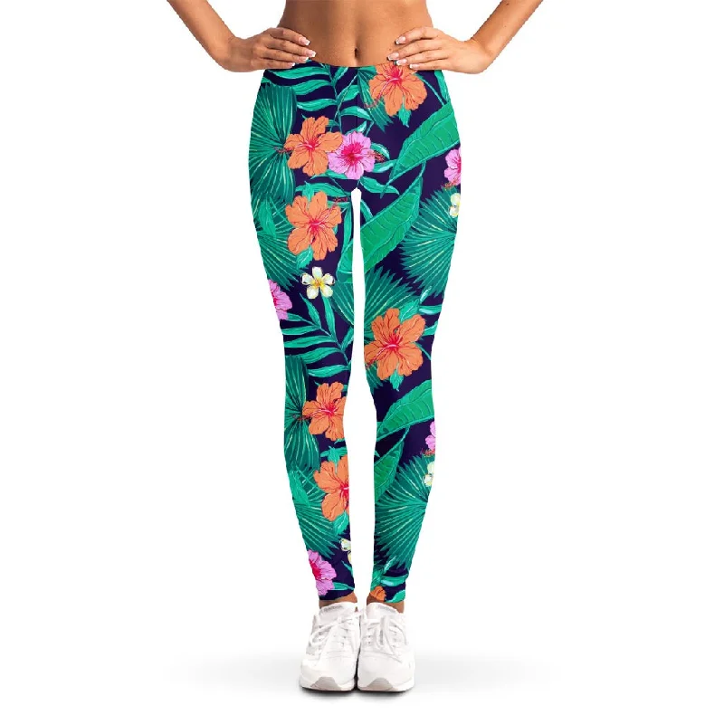 Hurry In Teal Hawaiian Leaf Flower Pattern Print Women's Leggings