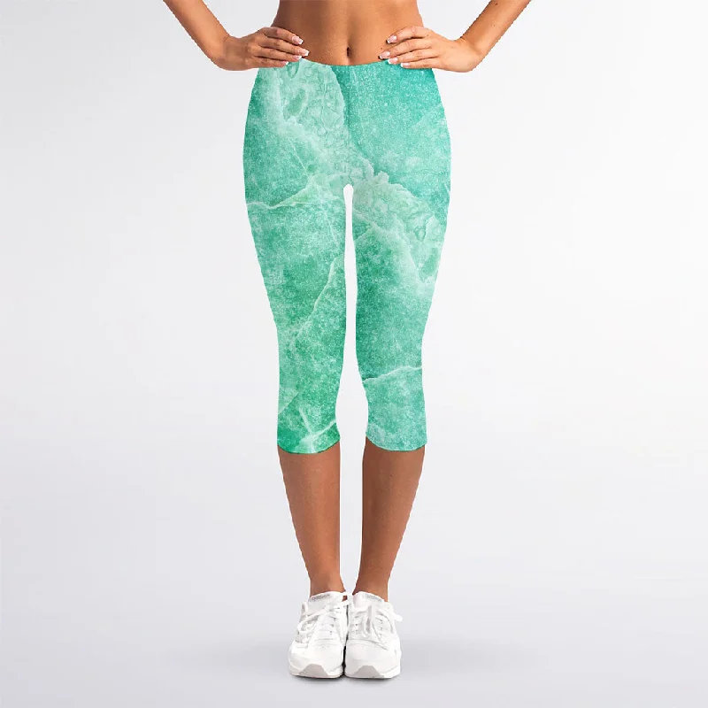 Deep Discounts Teal Marble Print Women's Capri Leggings