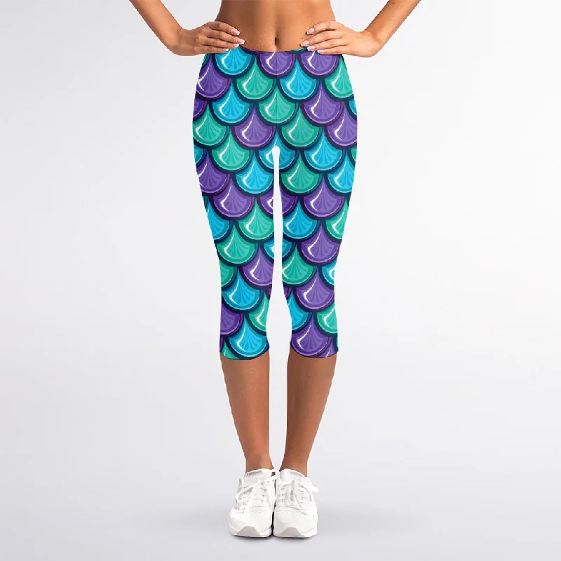 Crazy Deals Teal Mermaid Scales Pattern Print Women's Capri Leggings
