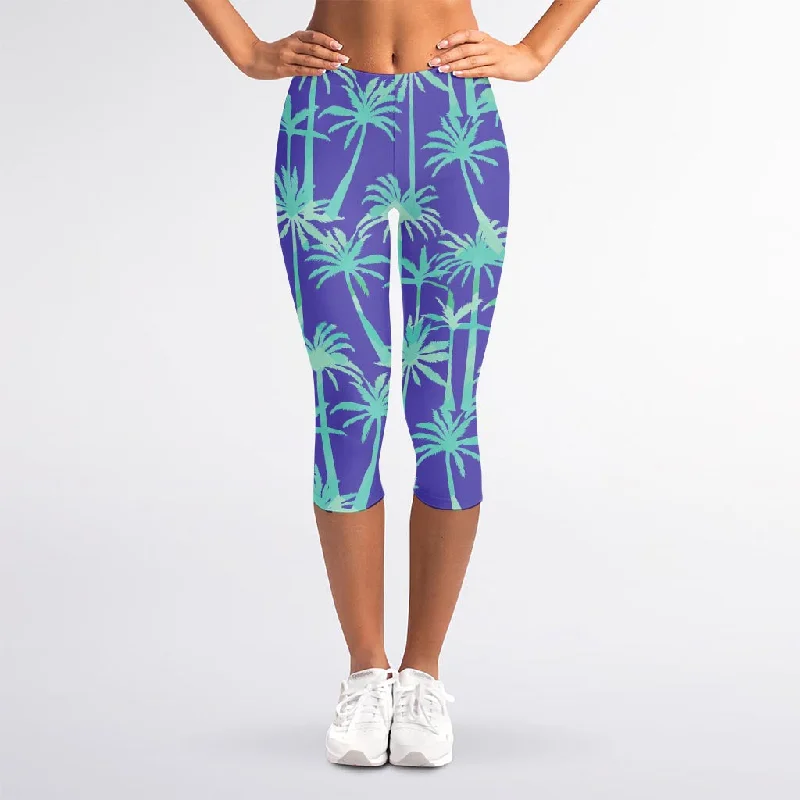 Best Bargains Teal Palm Tree Pattern Print Women's Capri Leggings