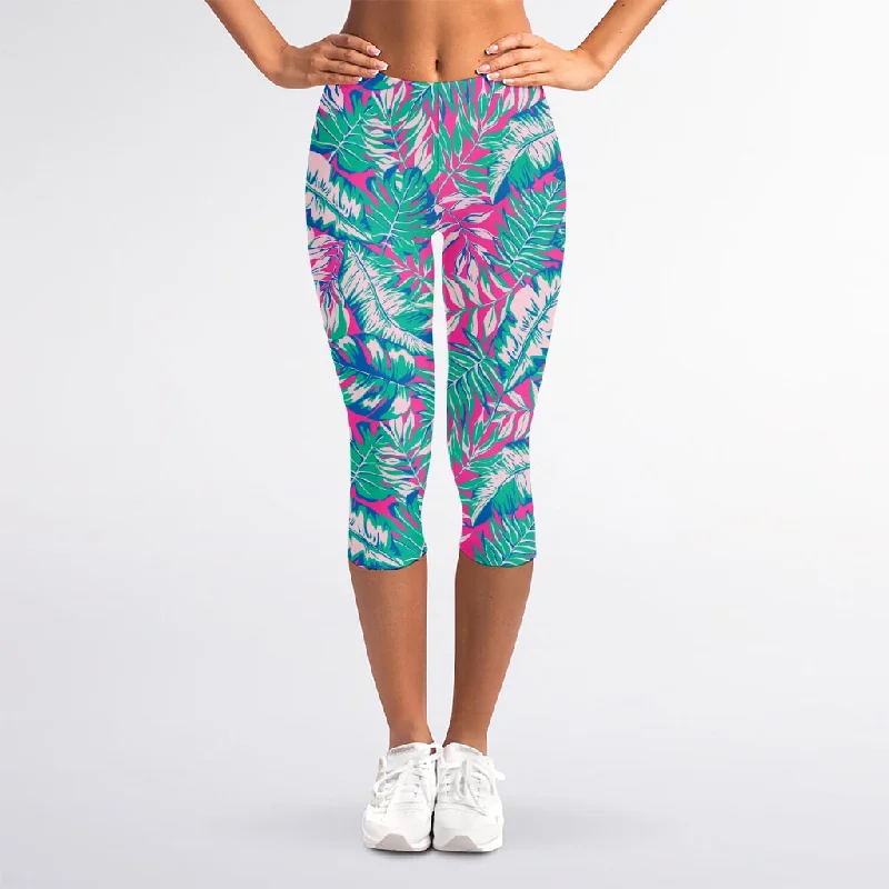 Act Fast Teal Pink Blossom Tropical Pattern Print Women's Capri Leggings