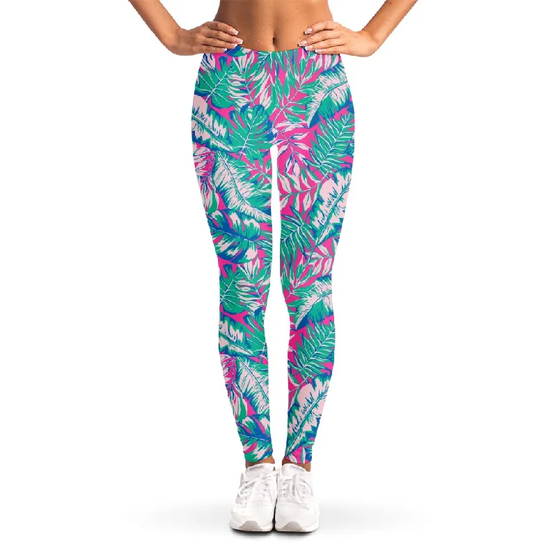 Daily Deals Teal Pink Blossom Tropical Pattern Print Women's Leggings