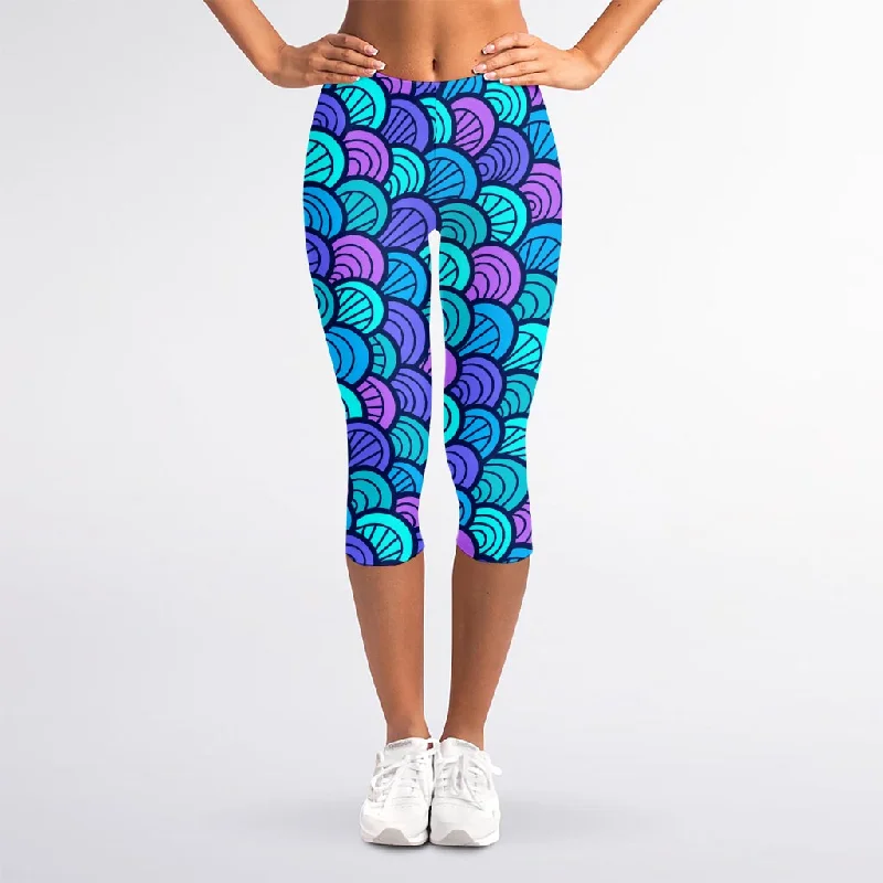Must-Have Deals Teal Pink Mermaid Scales Pattern Print Women's Capri Leggings