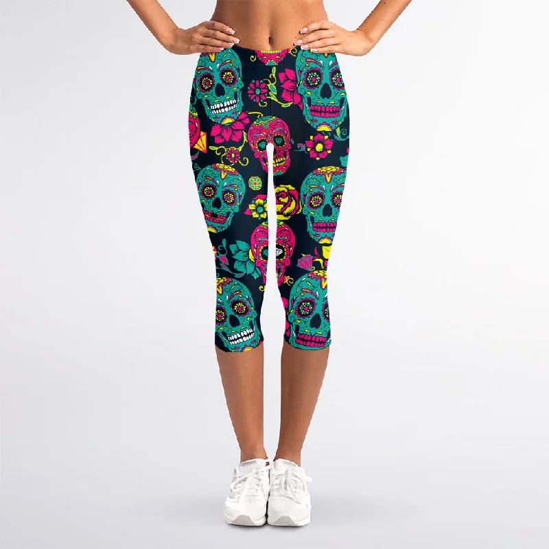 Lowest Prices Teal Pink Sugar Skull Pattern Print Women's Capri Leggings