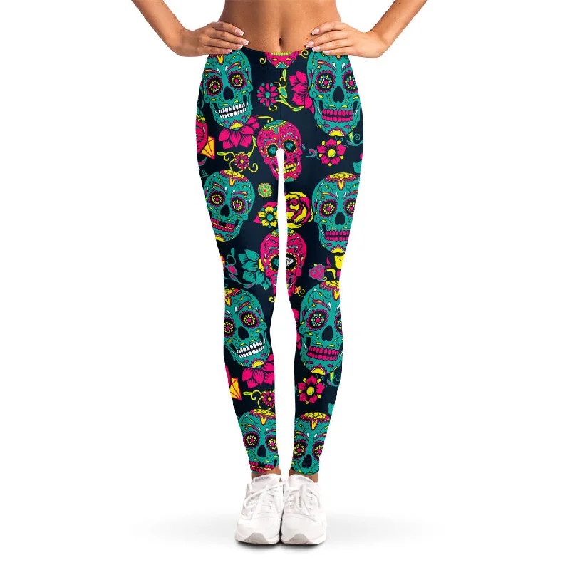 Best Bargains Teal Pink Sugar Skull Pattern Print Women's Leggings