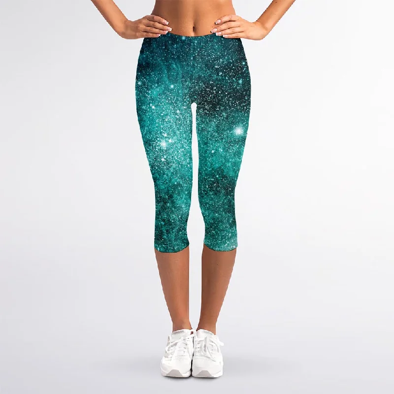 Final Sale Teal Stardust Galaxy Space Print Women's Capri Leggings