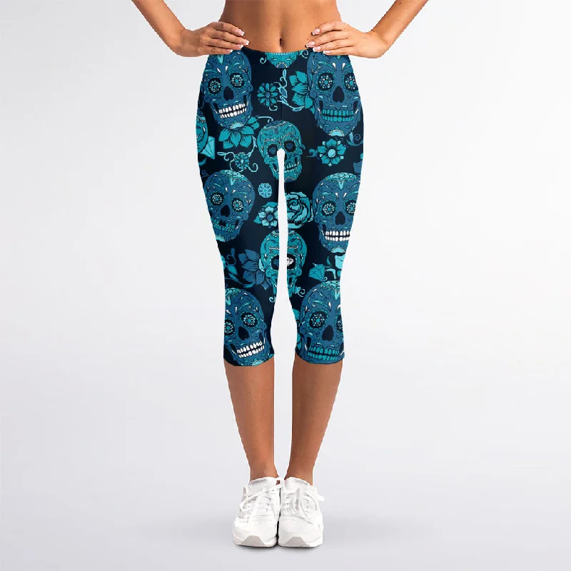 Exclusive Offers Teal Sugar Skull Flower Pattern Print Women's Capri Leggings