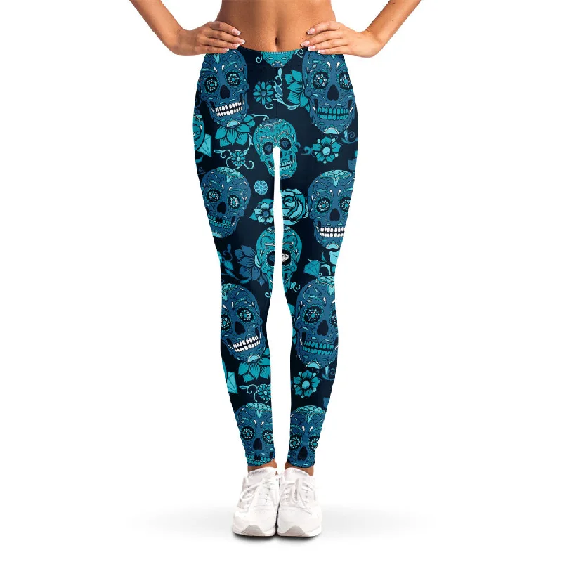 Mega Sale Teal Sugar Skull Flower Pattern Print Women's Leggings