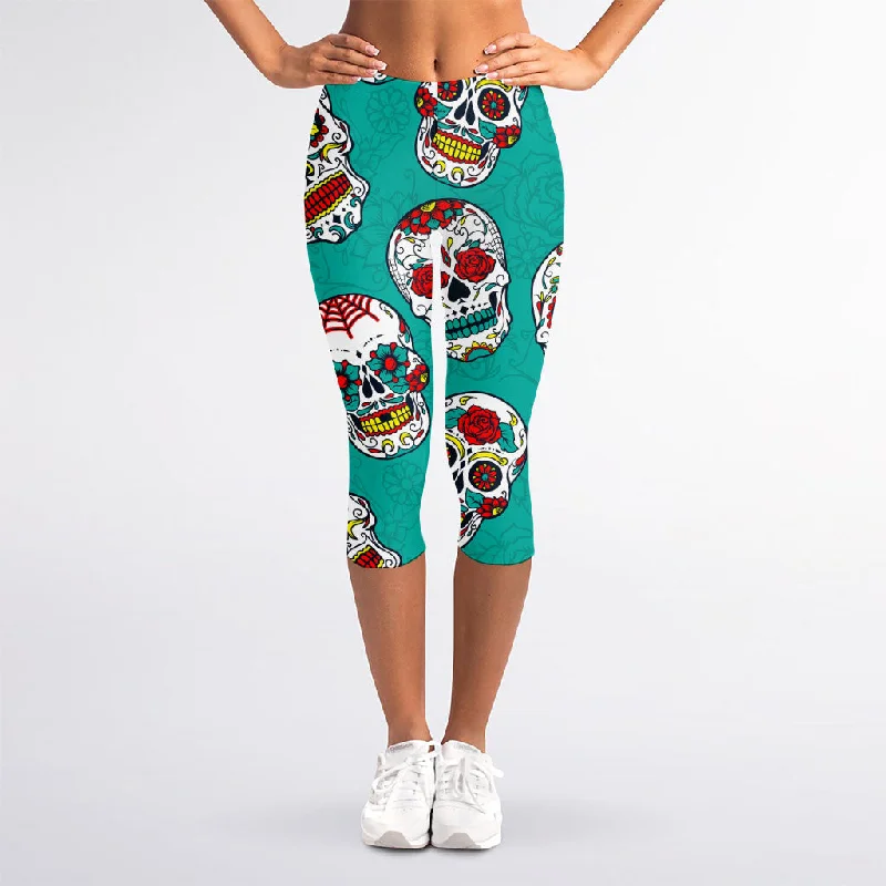 Deal of the Week Teal Sugar Skull Pattern Print Women's Capri Leggings