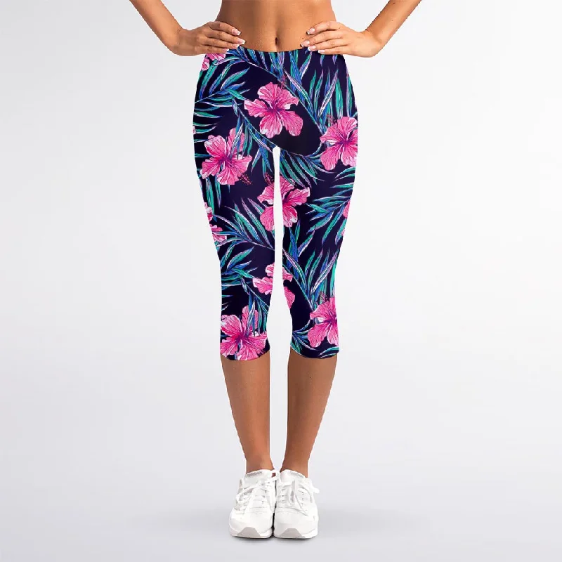 Clearance Items Teal Tropical Hibiscus Pattern Print Women's Capri Leggings