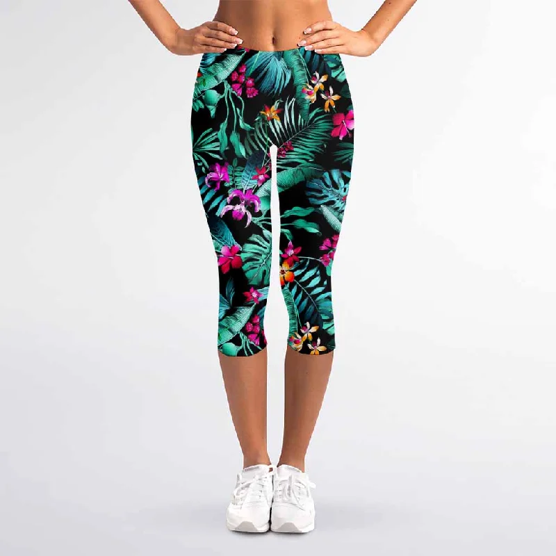 Blowout Deals Teal Tropical Leaf Hawaii Pattern Print Women's Capri Leggings