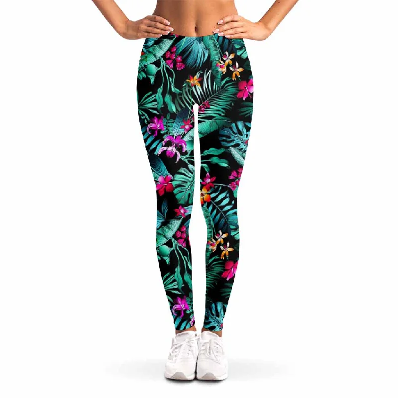 Extra Discounts Teal Tropical Leaf Hawaii Pattern Print Women's Leggings
