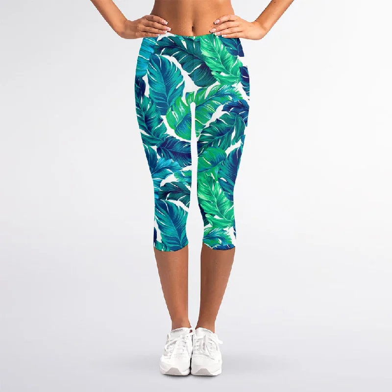 Act Now Teal Tropical Leaf Pattern Print Women's Capri Leggings